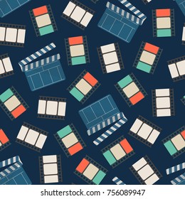 Movie film strip and clapperboard seamless pattern over blue background. Vector illustration