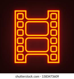 Movie film strip icon. Play button. Yellow, orange, red neon icon at dark reddish background. Illumination. Illustration.