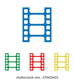 Movie film strip icon. Play button. Vector. Big blue flat icon with red, green and yellow small icons at white background. Isolated.