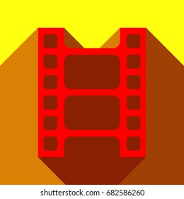 Movie film strip icon. Play button. Vector. Red icon with two flat reddish shadows on yellow background.