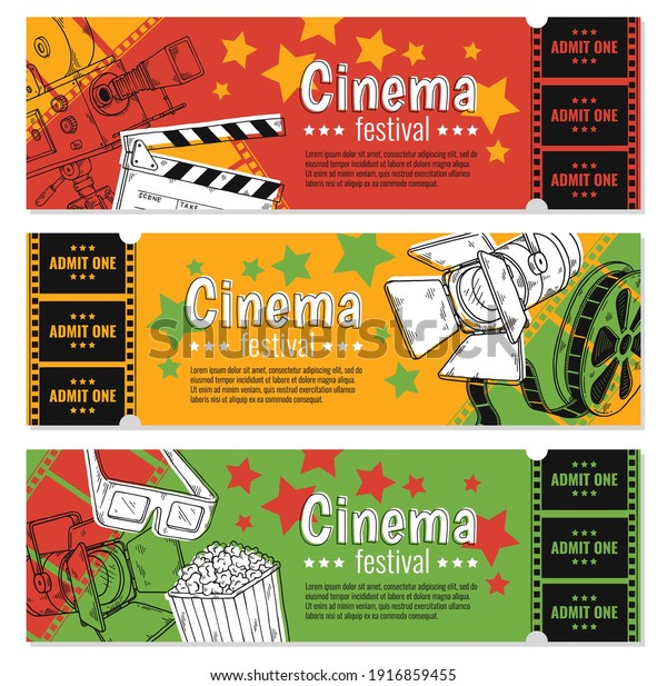 Movie film ticket set. Ticket on\
cinema festival, admission in entertainment event. Colorful vector\
sketch illustrations isolated on a white\
background.