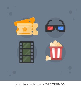 Movie Film Tickets  Glasses Tape Pop Corn Icons Set Flat Design Vector Isolated Cinema Weekend Movies Night