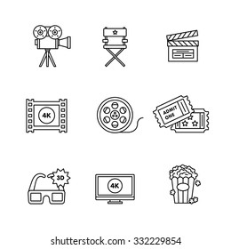 Movie, film and video icons thin line art set. Black vector symbols isolated on white.