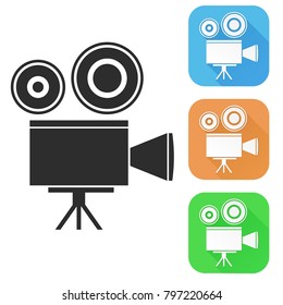 Movie filming, old retro camera. Colored icons. Vector illustration isolated on white background