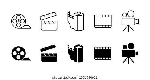 Movie filming production icon set. Video recording symbol. Photo shooting equipment. Clapper board, film strip, film reel and frame, video camera vector illustration collection. Media industry icons