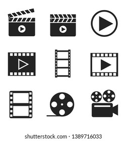 Movie, filmmaking glyph icons set. Clapboard, tape, camera, frame isolated vector silhouette illustrations. Multimedia, audio, video concept. Entertainment business, cinema. Amusement industry