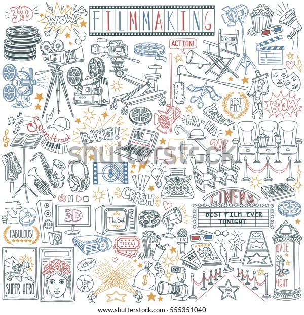 Movie\
and filmmaking vector drawings collection isolated on white\
background. Cinematography tools and equipment.\
