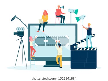 Movie films and video production crew people flat vector illustration isolated on white background. Cinema production staff or filmmakers with screen and movie equipment.