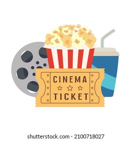 movie flat background with vector symbol icons, cinema poster concept with reel, popcorn, ticket and soda cup