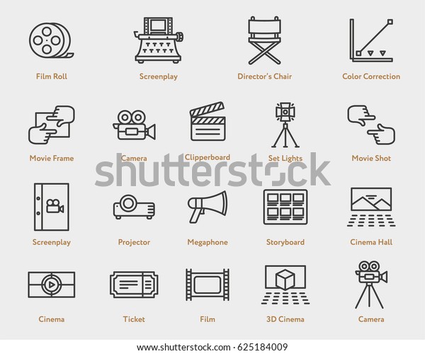 Movie Flat Line Outline Stroke Icon Pictogram\
Symbol Set Collection. Camera Film, Spotlight, Script, Screenplay,\
Storyboard, Ticket, Video, Projector, Director Chair, Clapperboard,\
3D Cinema