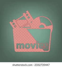 Movie Folder sign. Apricot Icon with Brick Red parquet floor graphic pattern on a Ebony background. Feldgrau. Green. Illustration.