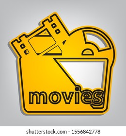 Movie Folder sign. Flat orange icon with overlapping linear black icon with gray shadow at whitish background. Illustration.