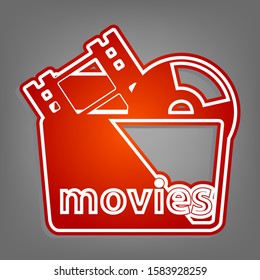 Movie Folder sign. Flat red icon with linear white icon with gray shadow at grayish background. Illustration.