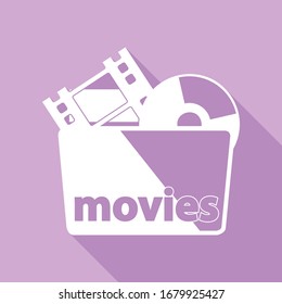 Movie Folder sign. White Icon with long shadow at purple background. Illustration.