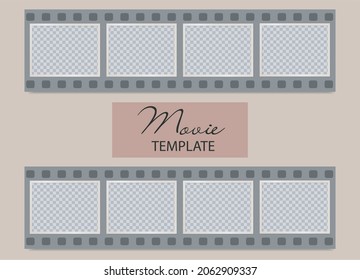 Movie frames Mockup with empty space for photo or image. Cinema strip photo frames on beige background. 8 transparent templates. Vector collage. EPS10. 