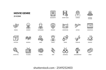 movie genre cinema film cinematography theater entertainment detailed outline line icon set