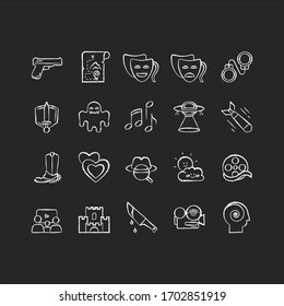 Movie genres chalk white icons set on black background. Cinematography, filmmaking industry, cinema business. Different common film and tv show styles. Isolated vector chalkboard illustrations