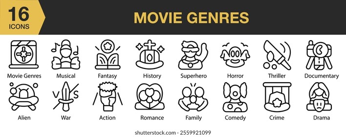 Movie Genres icon set. Includes action, drama, genre, horror, romance, and More. Outline icons vector collection.