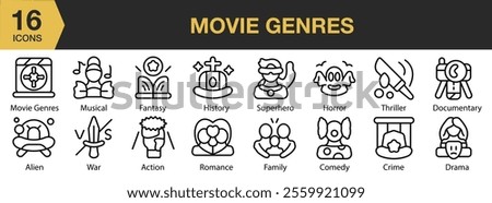 Movie Genres icon set. Includes action, drama, genre, horror, romance, and More. Outline icons vector collection.
