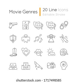 Movie genres pixel perfect linear icons set. Cinematography, filmmaking industry, cinema business customizable thin line contour symbols. Isolated vector outline illustrations. Editable stroke