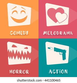 Movie genres. Retro poster. Cartoon vector illustration. Cinema motion picture. Film projector. Hand drawn lettering