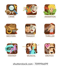 Movie genres set, crime, comedy, animation, western, tragedy, thriller, fantasy, musical, erotica colorful vector Illustrations