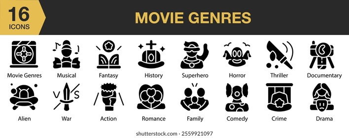 Movie Genres solid icon set. Includes action, drama, genre, horror, romance, and More. Solid icons vector collection.