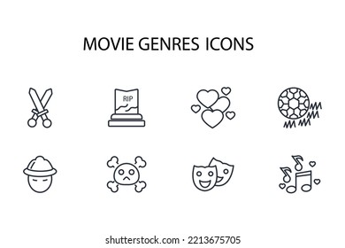 movie genres thin line icons. Vector illustration isolated on white. Editable stroke.