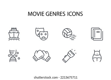 movie genres thin line icons. Vector illustration isolated on white. Editable stroke.