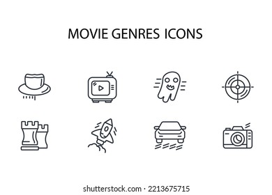 movie genres thin line icons. Vector illustration isolated on white. Editable stroke.