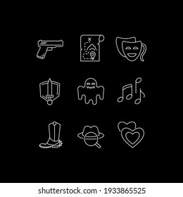 Movie genres white linear icons set for dark theme. Cinematography, filmmaking and cinema business. Night mode customizable thin line symbols. Isolated vector outline illustrations. Editable stroke