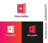 Movie Go Logo, movie cinematic production vector illustration logo design concept. cinema forum icon, film roll combine with bubble speech logo concept, digital movie, streaming and tv company