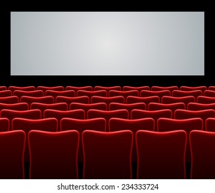 Movie hall with red seats and blank screen vector background.