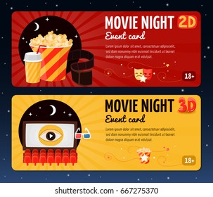 Movie horizontal banners presented cards for night cinema viewing event flat vector illustration 