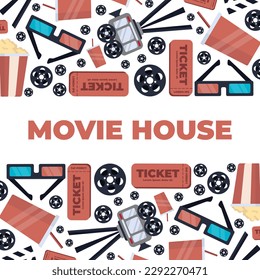 movie house, cinema, filmmaking, horizontal baner. popcorn bucket, drink, movie camera, ticket, 3d glasses, videotape, movie clapper. vector flat simple cartoon film industry items.