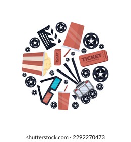 movie house, cinema, filmmaking items arraged in circle shape. popcorn bucket, drink, movie camera, ticket, 3d glasses, videotape, movie clapper. vector flat simple cartoon film industry items.