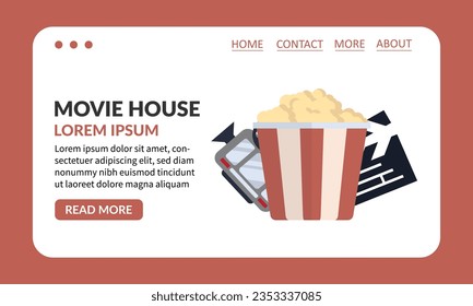 movie house, cinema, filmmaking, landing. popcorn bucket, drink, movie camera, ticket, 3d glasses, videotape, movie clapper. vector flat simple cartoon film industry items.