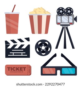 movie house, cinema, filmmaking, set of isolated objects. popcorn bucket, drink, movie camera, ticket, 3d glasses, videotape, movie clapper. vector flat simple cartoon film industry items.