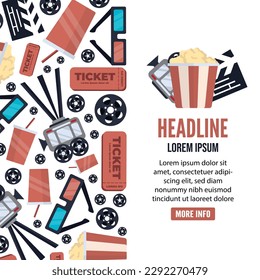 movie house, cinema, filmmaking, vertical baner. popcorn bucket, drink, movie camera, ticket, 3d glasses, videotape, movie clapper. vector flat simple cartoon film industry items.