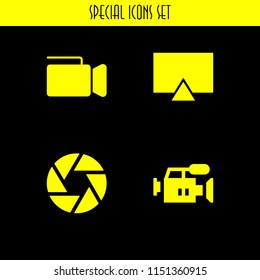 movie icon. 4 movie set with camera shutter, film, tv and video camera vector icons for web and mobile app