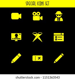 movie icon. 9 movie set with television, film, stage and spy vector icons for web and mobile app