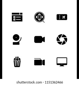 movie icon. 9 movie set with ticket, camera shutter, popcorn and video web vector icons for web and mobile app