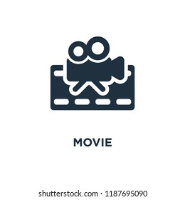 Movie icon. Black filled vector illustration. Movie symbol on white background. Can be used in web and mobile.
