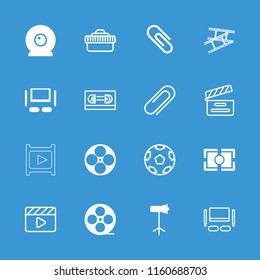 Movie icon. collection of 16 movie filled and outline icons such as camera tape, studio lapm, camera focus, tv set, film tape, clip. editable movie icons for web and mobile.