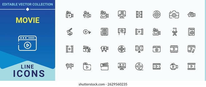 Movie icon collection. Pack of entertainment, media, cinema, video and more. Film linear icon collection. Outline icons in linear style. Vector illustration.