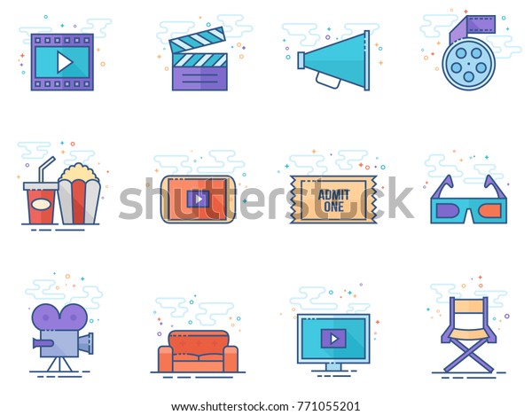 Movie icon series in flat color style.
Vector illustration.