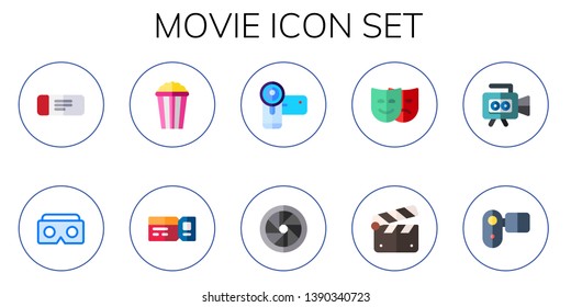 movie icon set. 10 flat movie icons.  Collection Of - ticket, d glasses, popcorn, camcorder, shutter, theater, clapperboard, video camera