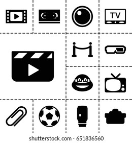 Movie icon. set of 13 filled movieicons such as ninja, clip, camera lense, tv, red carpet, clapper board, movie tape, 3d glasses