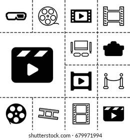 Movie icon. set of 13 filled and outline movie icons such as play, camera lense, camera tape, red carpet, tv set, clapper board