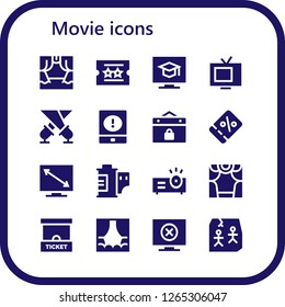  movie icon set. 16 filled movie icons. Simple modern icons about  - Scene, Ticket, Television, Tv, Spotlight, Event, Coupon, Film roll, Projector, Theater, Ticket office, Stage